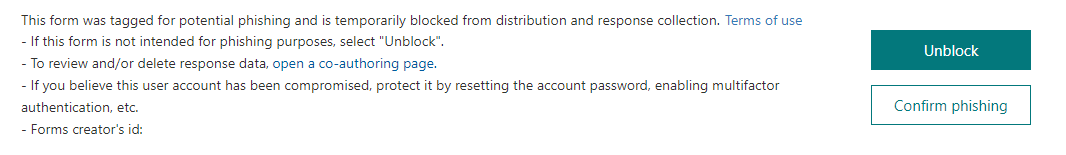 Microsoft Defender Alert Phishing Review this Form - Unblock or Conform Phishing